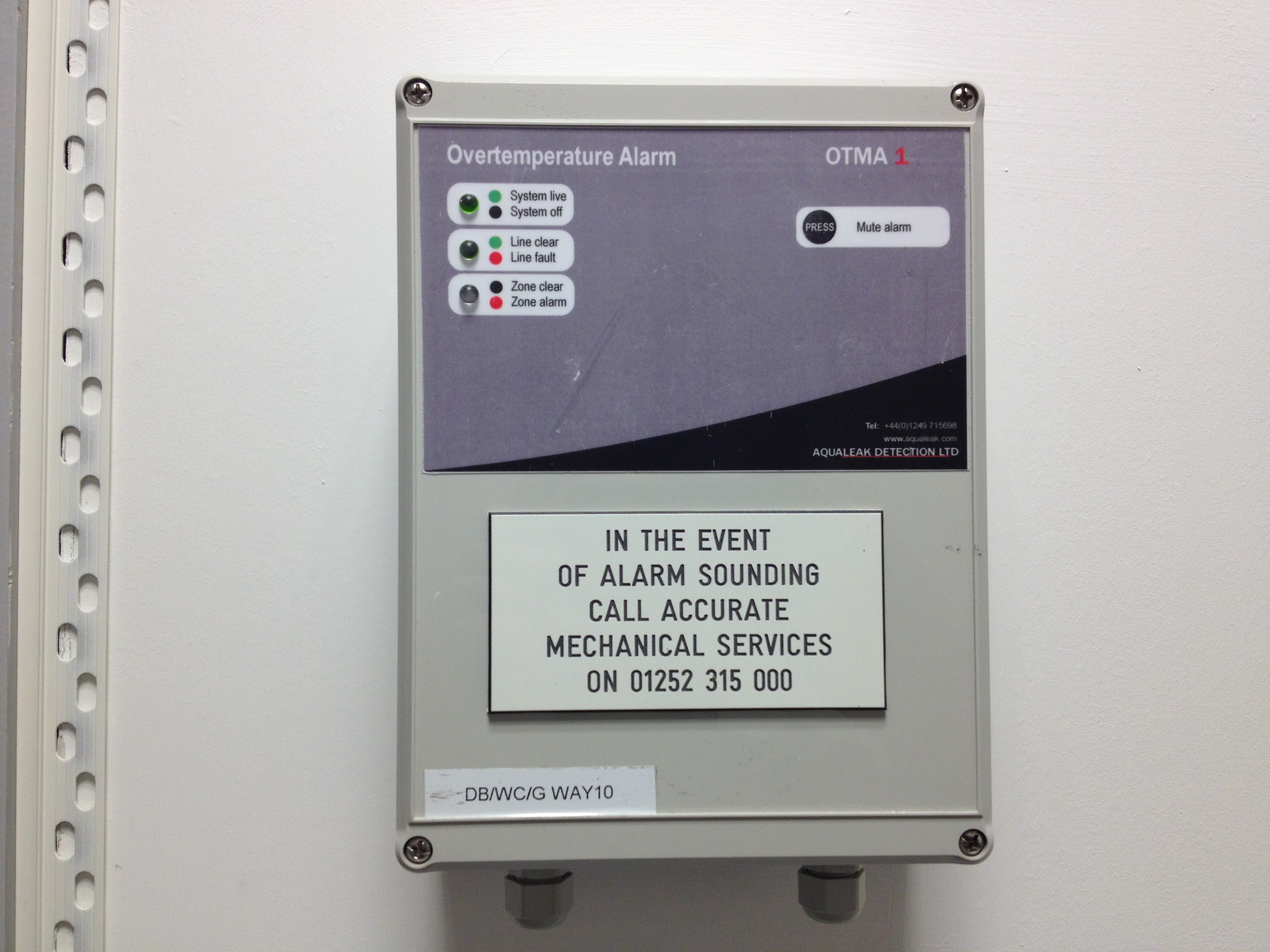 Over temperature alarm panel outside the server room